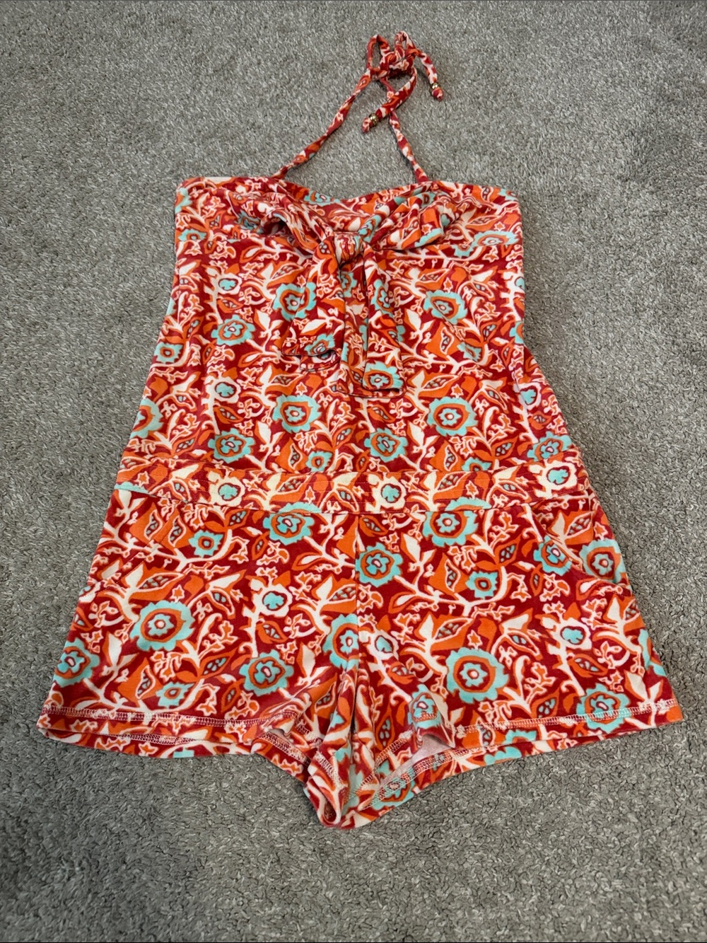 Juicy Couture Orange Floral Romper with Turquoise Accents